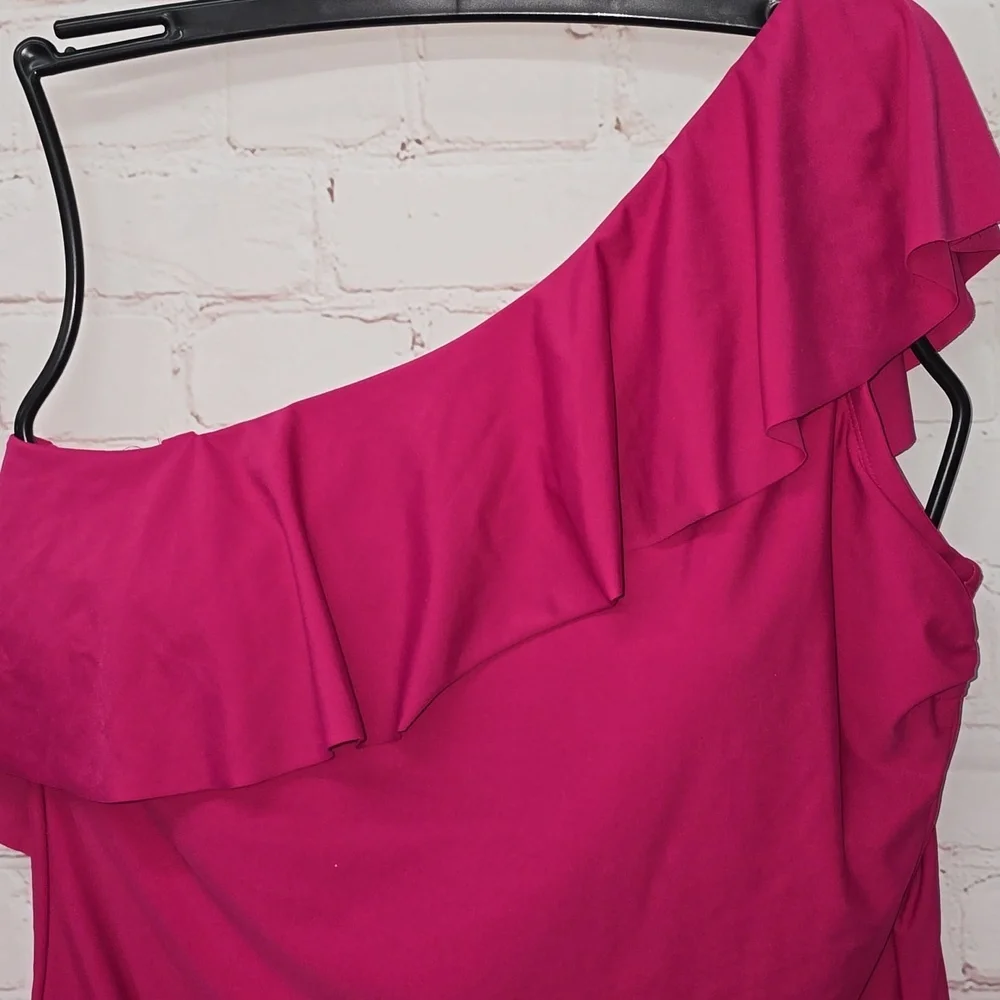Kona Sol One Piece Swimsuit Ruffle One Shoulder Full Coverage Seat Hot Pink - Picture 5 of 15